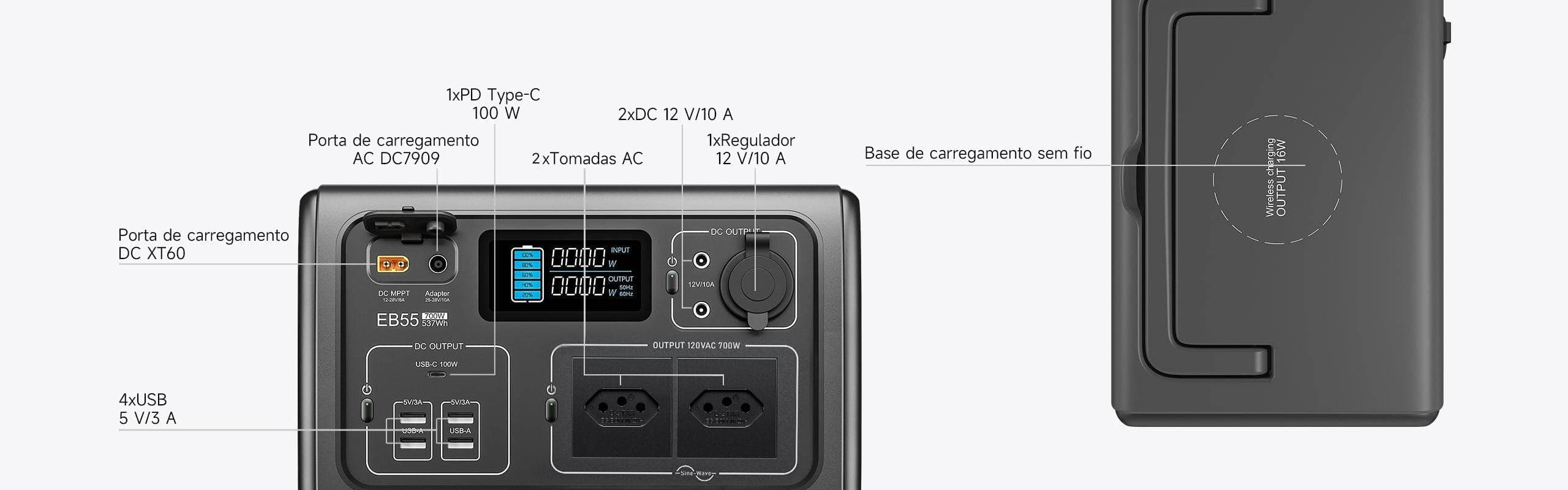 Múltiplas saídas CC e CA, Recarga Versátil